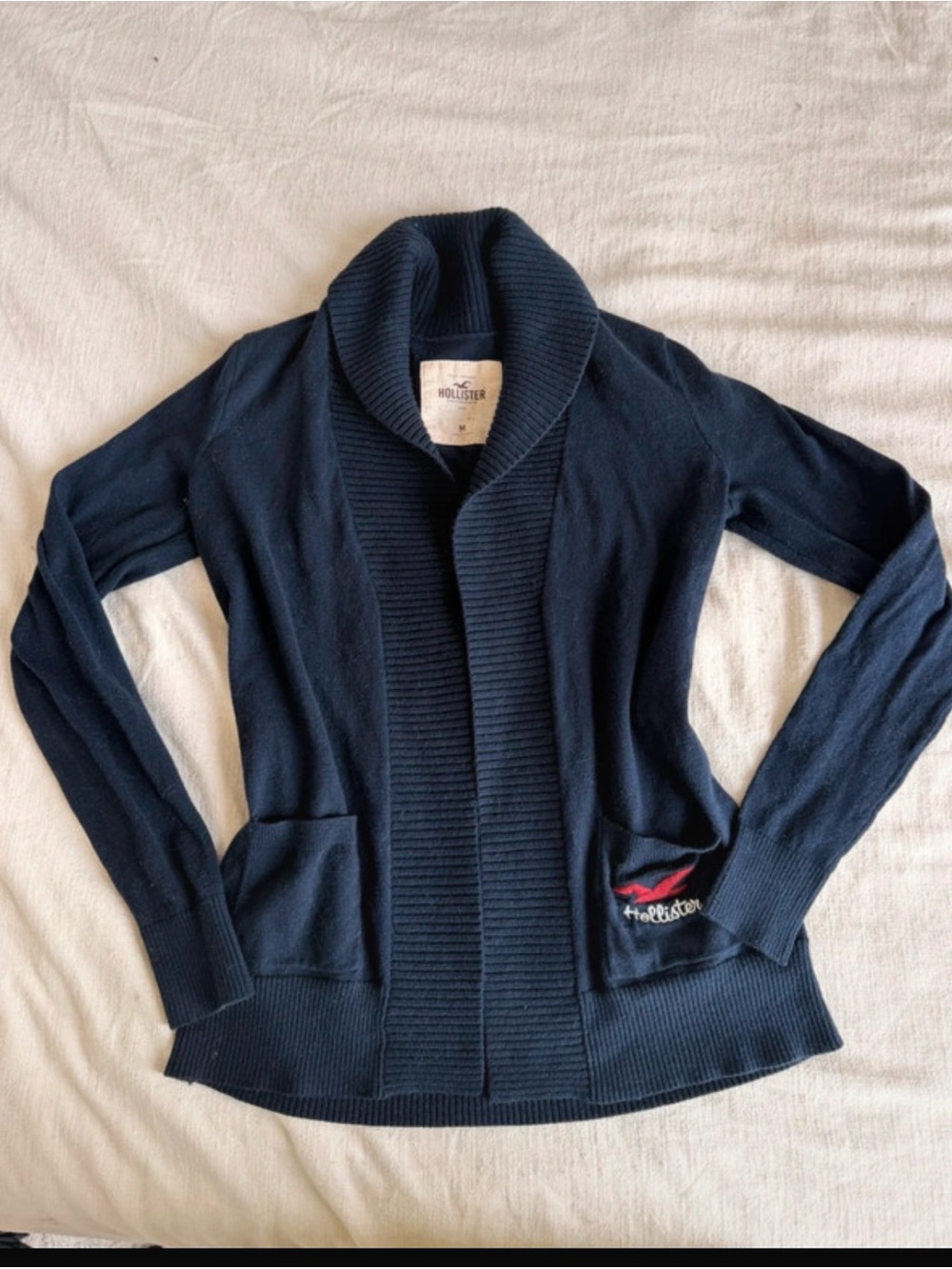 VTG Y2K Hollister Shawl Collar Open Cardigan Sweater Navy M Red Seagull Logo